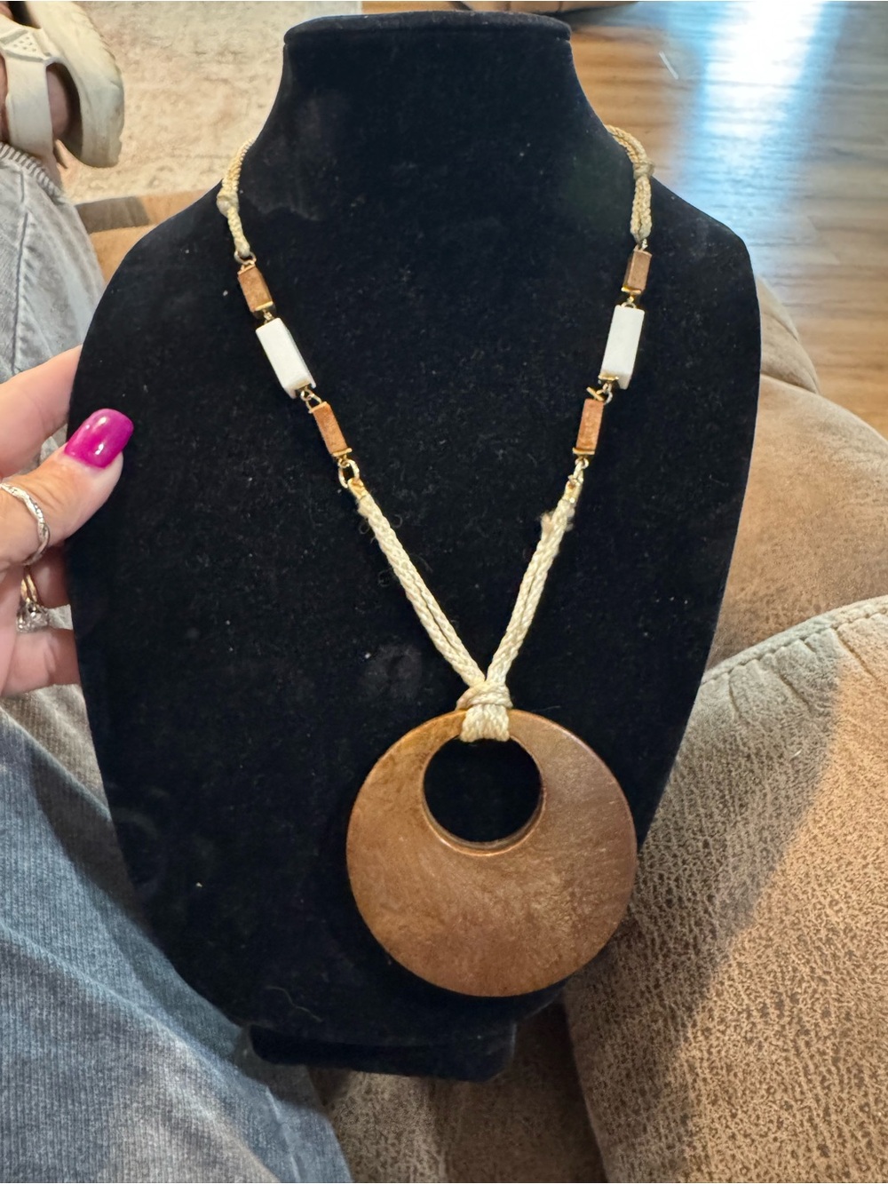 Boho Wooden Disc Pendant Necklace in Brown by